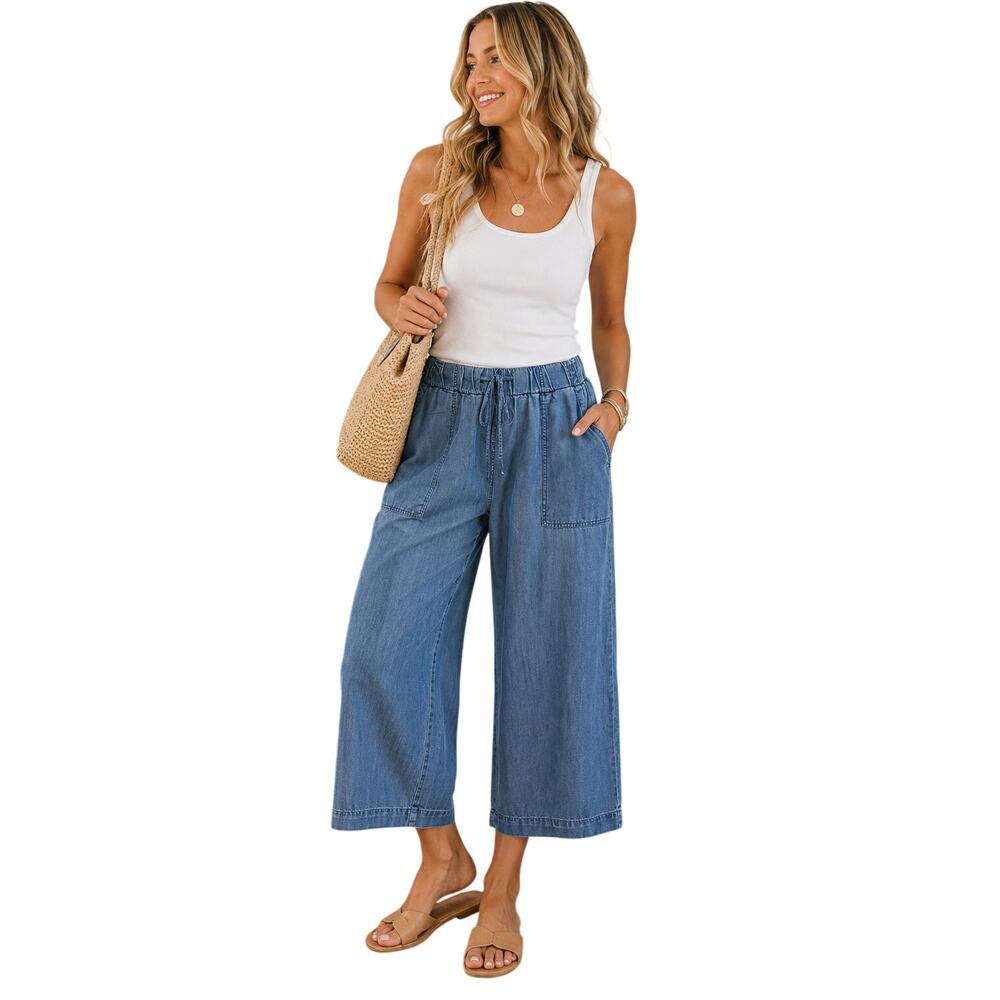 TXS by Thread & Supply Wide Leg Crop Pants Medium Wash Lyocell Size L NWT
